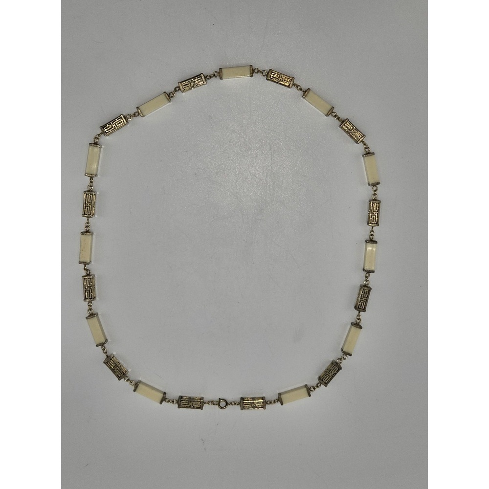 Vintage Gold Tone‎ Faux Ivory Panel Greek Key Link Necklace 13"